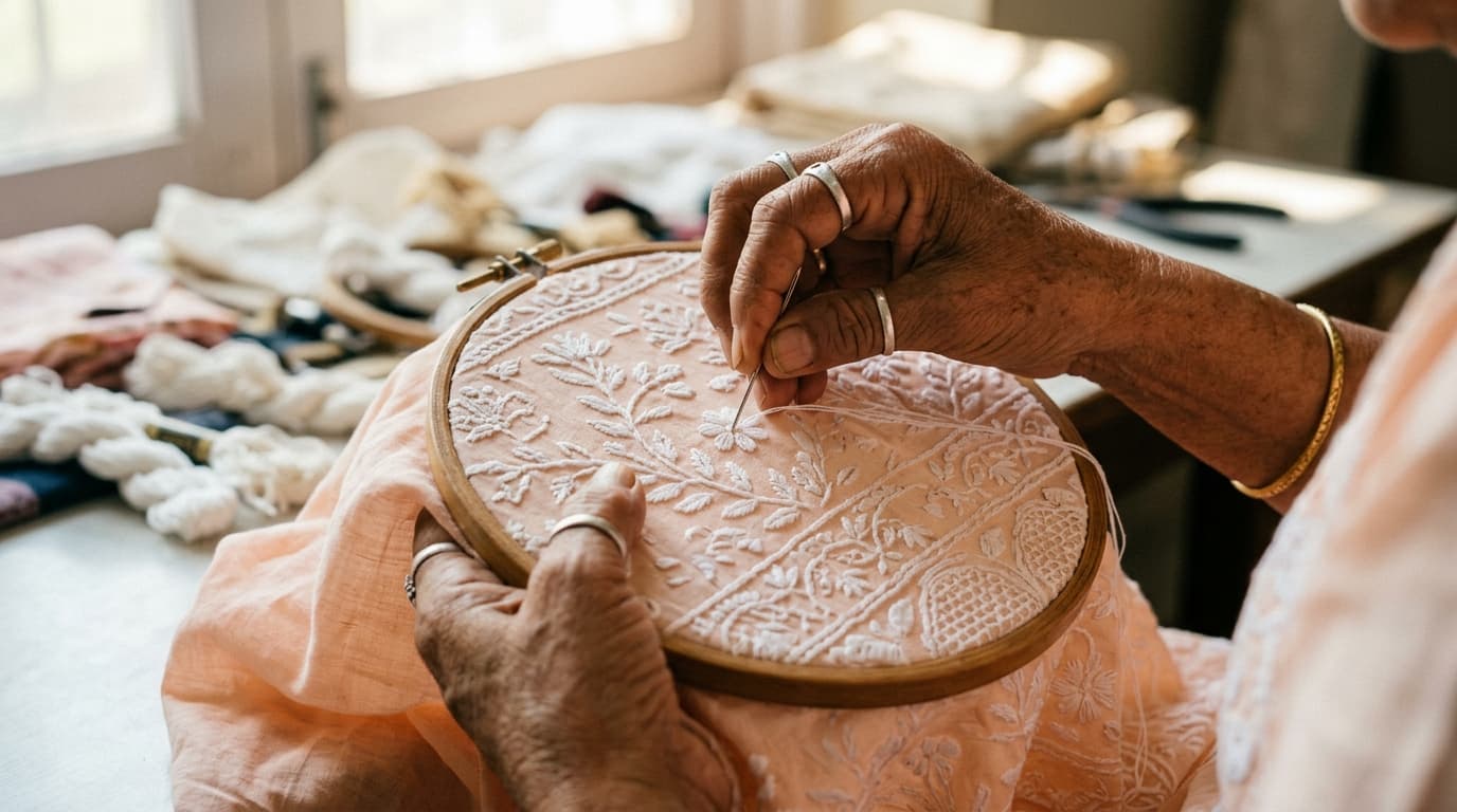 Artisans threading needle for Chikankari